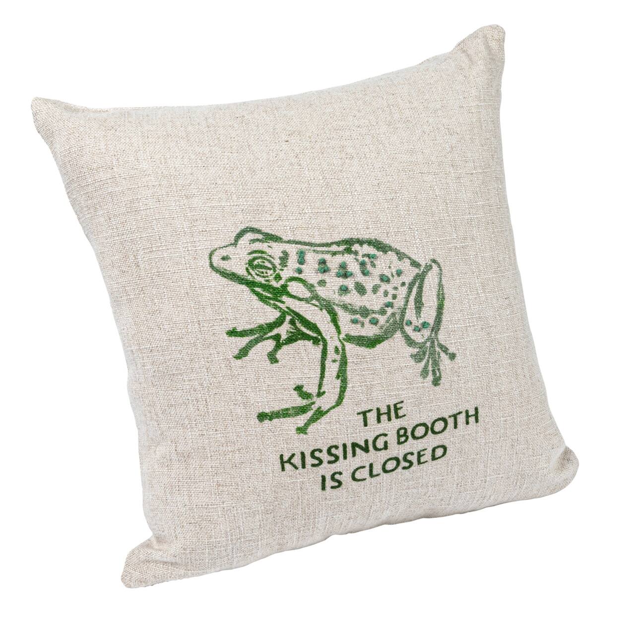 Hello Honey® Natural & Green Frog "The Kissing Booth is Closed" Linen Blend Pillow with French Knots